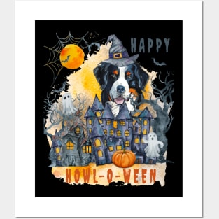 Bernese Mountain Dog Happy Howl-o-ween Ghost Houses Funny Watercolor Posters and Art